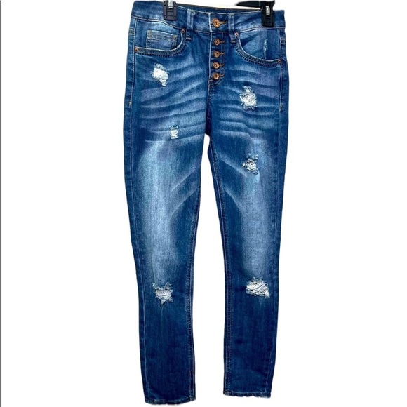 Dollhouse Mid-rise Medium Wash Skinny Capri  Distressed Jeans Denim Sz‎ 1 - Picture 3 of 9